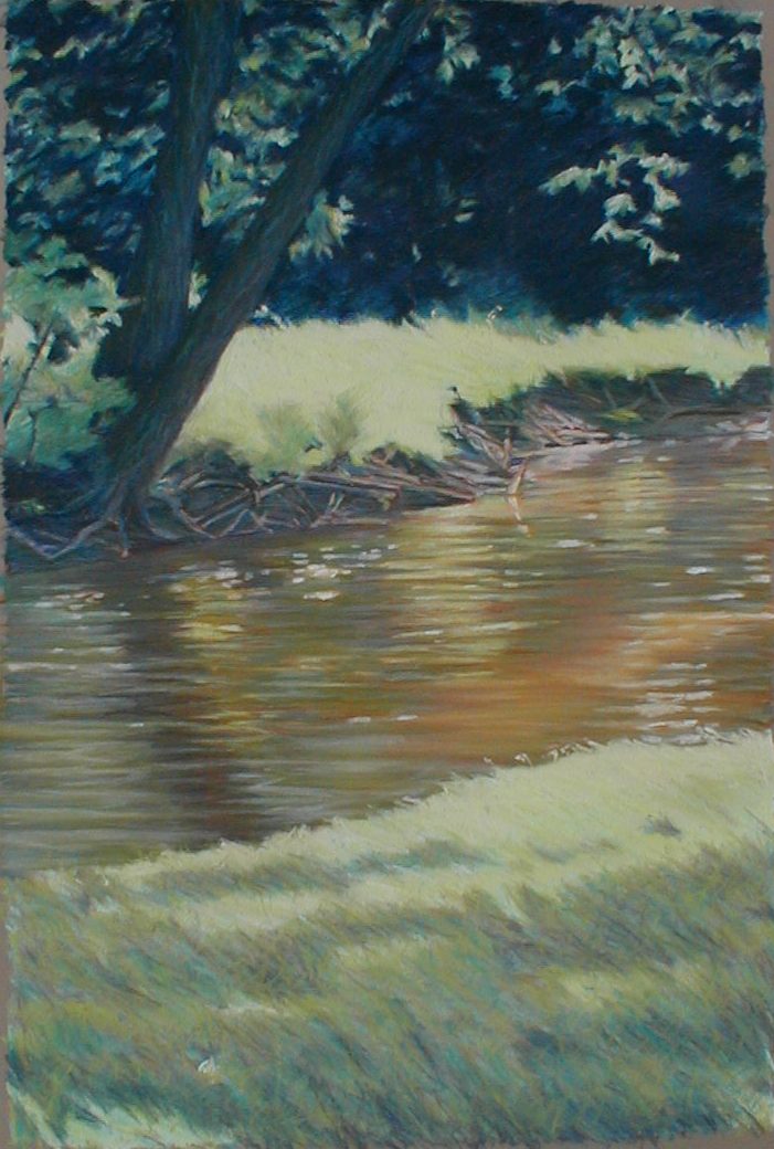 image of a pastel drawing, sun shining on a creek