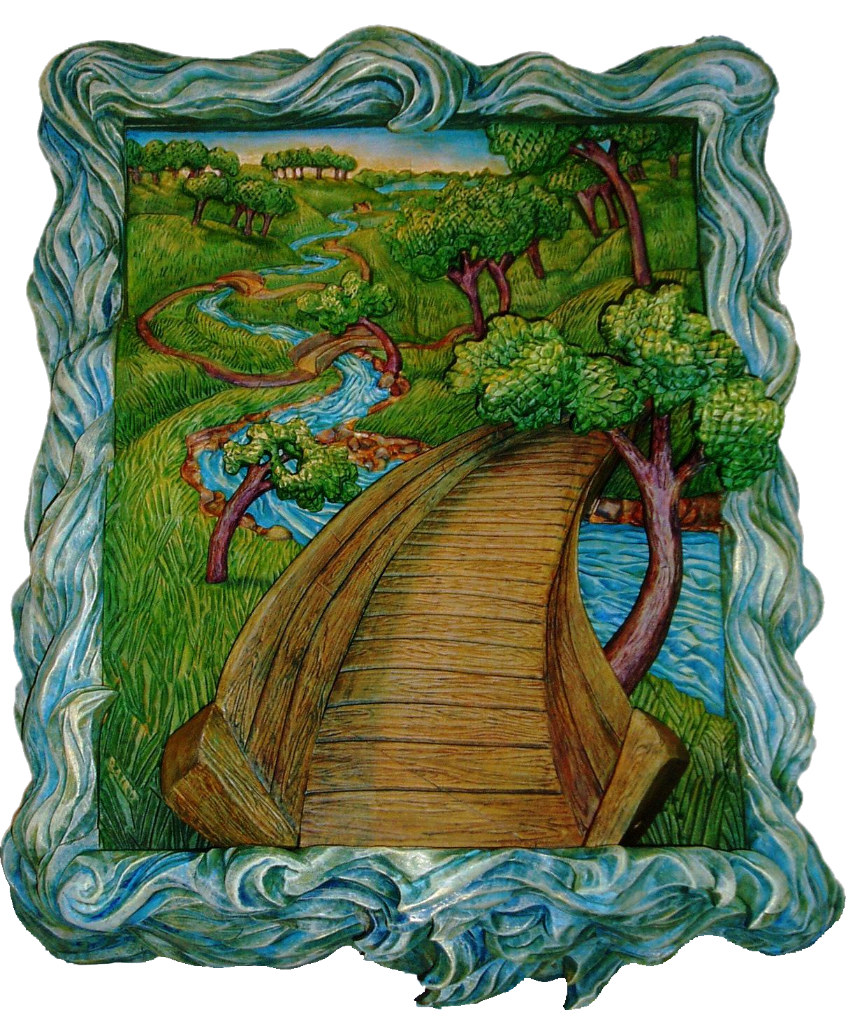 image of a painted woodcarving, bas relief scene of a bridge crossing a stream